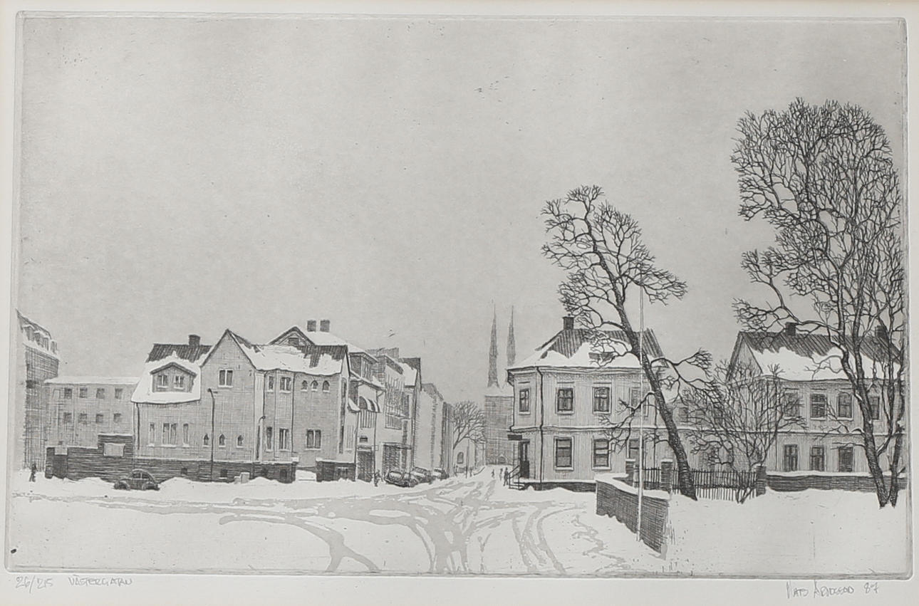 MATS ARONSSON. "Västergatan", etsning, signerad och numrerad 26/215, daterad -87.