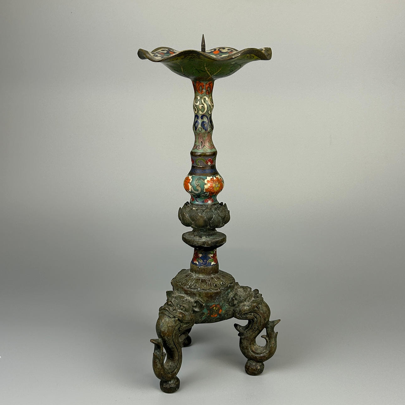 CHINESE CLOISSONE & BRONZE CANDLESTICK.