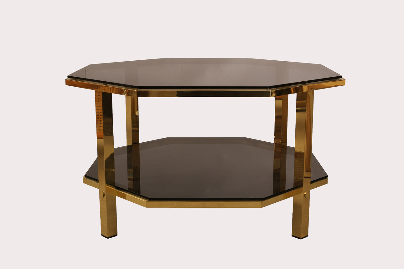 COFFEE TABLE, brass, smoke-coloured glass.