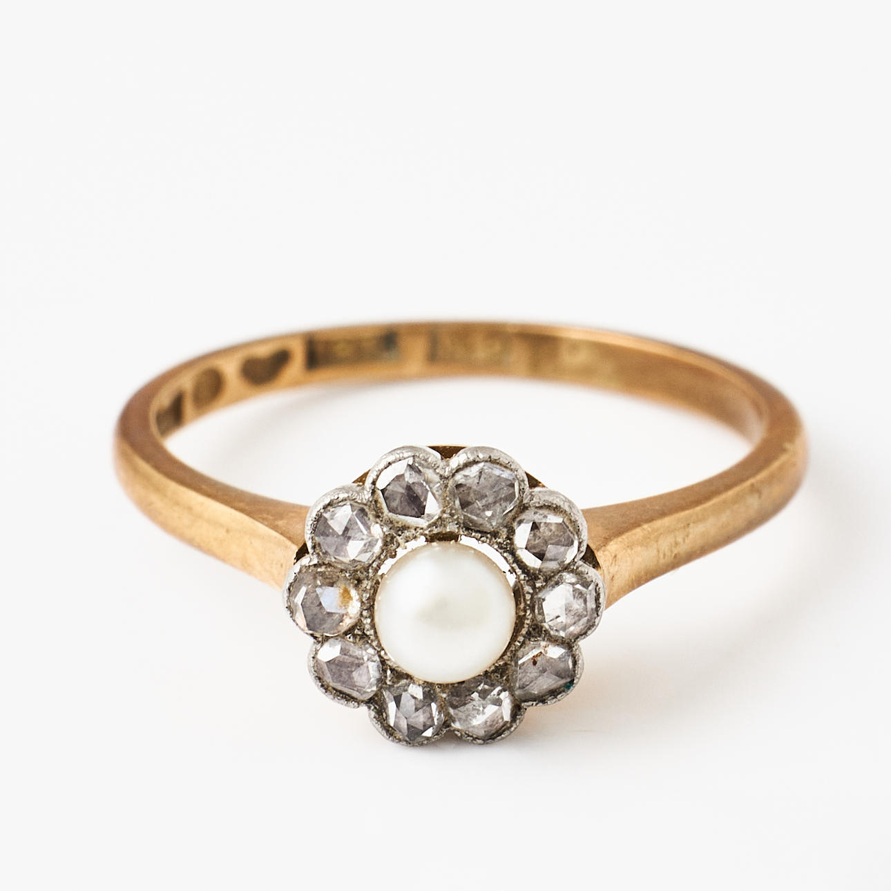RING, 18k gold, cluster style, decorated with 10 small rose-cut ...