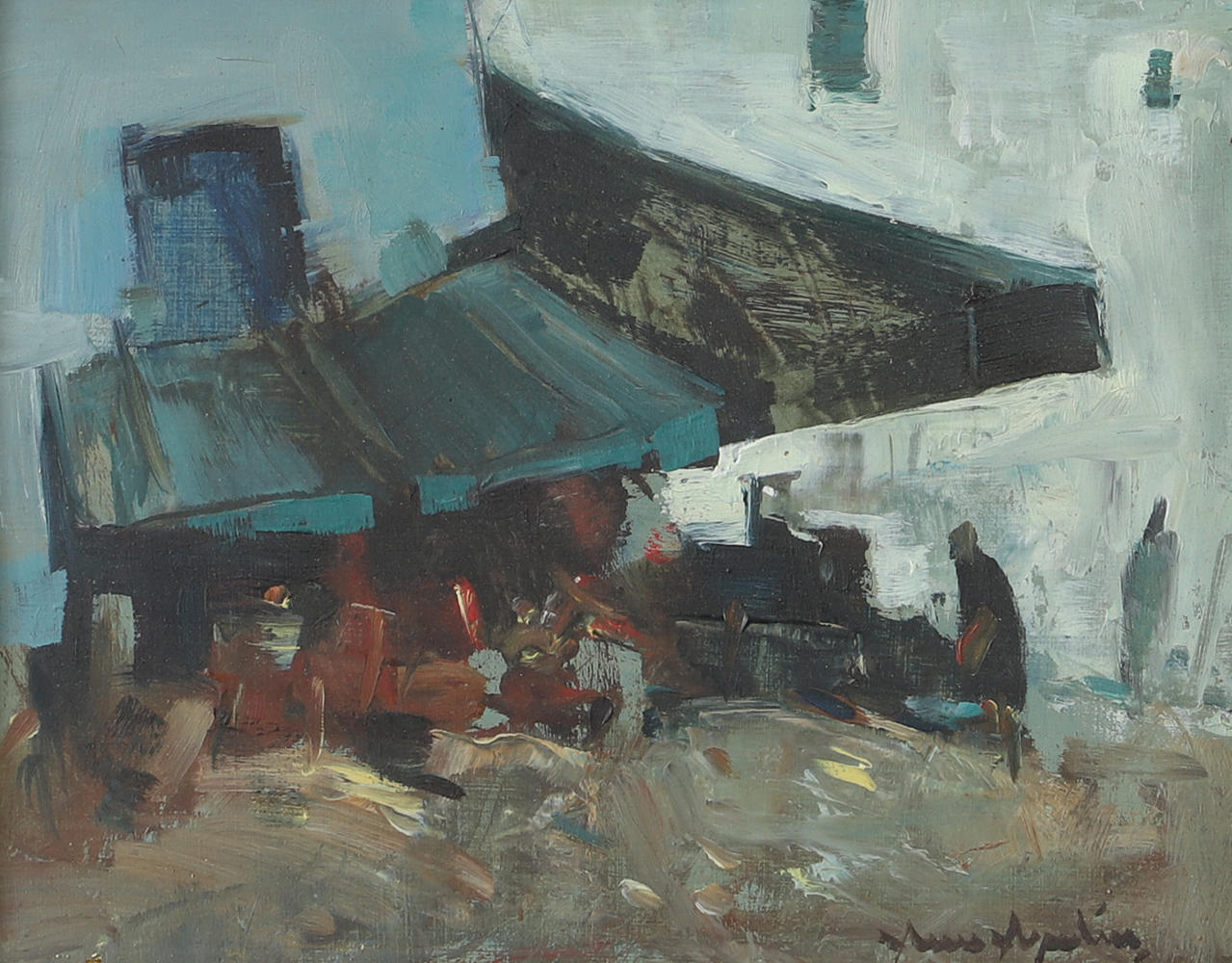 ARNE ASPELIN. Bazaar, oil on panel, signed.