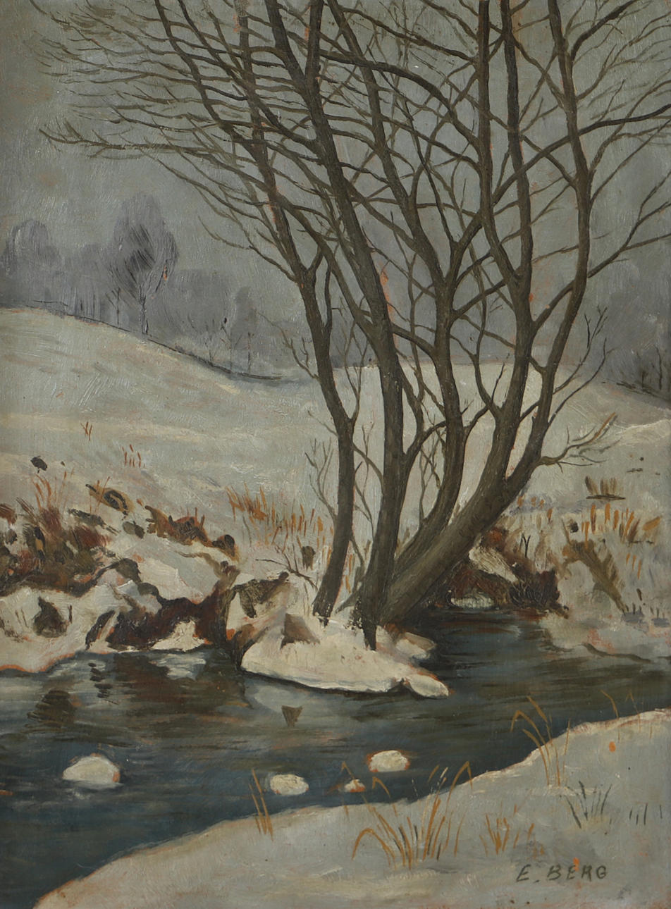 OIDENTIFIERAD KONSTNÄR. Winter landscape with water features, oil on panel, signed E. Berg.