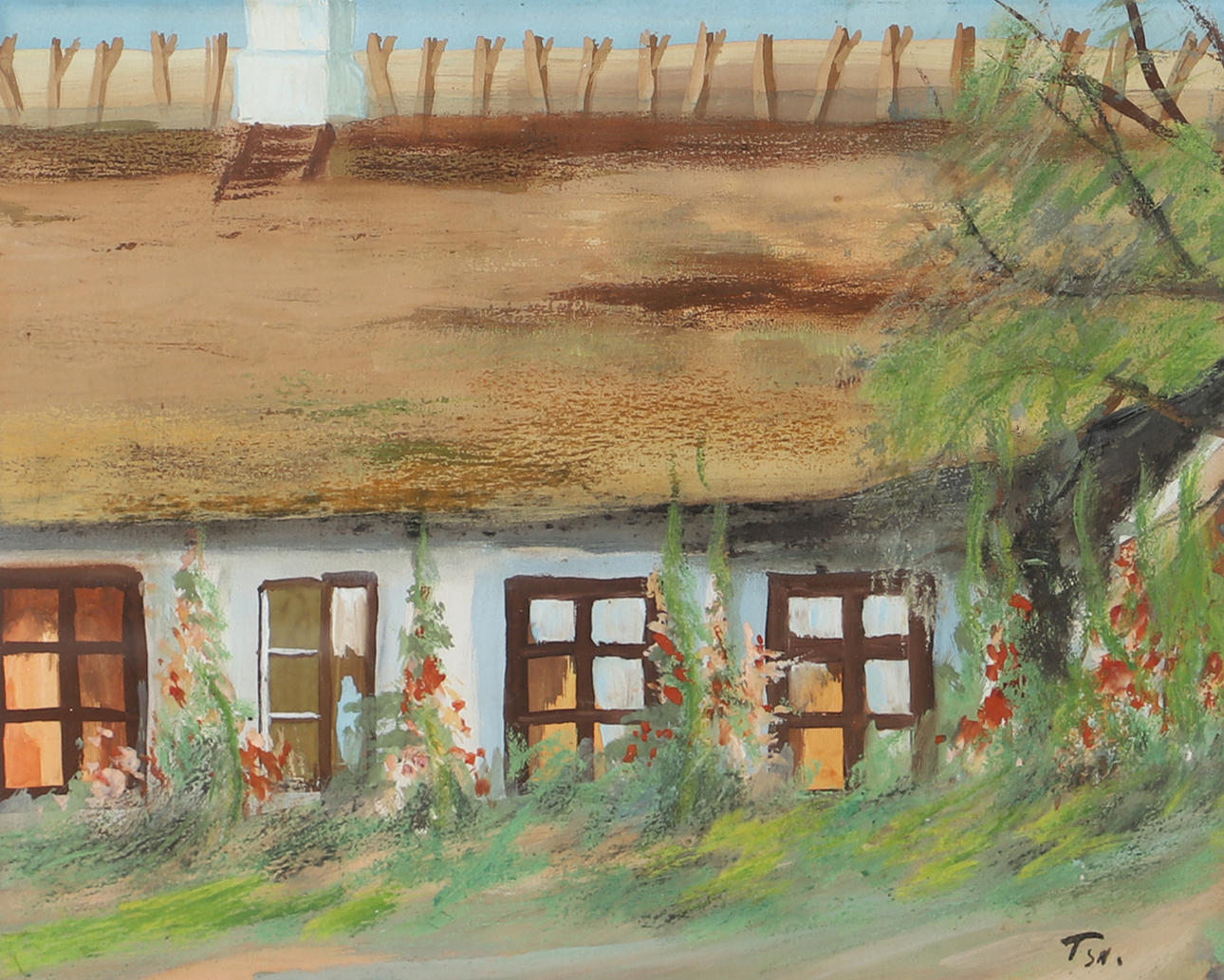 OIDENTIFIERAD KONSTNÄR. House facade, mixed media, monogram signed.