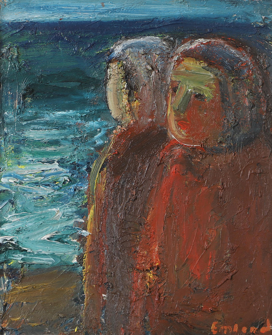 EINAR EMLAND. "Fiskarekvinnor", olja på duk, signerad Emland.