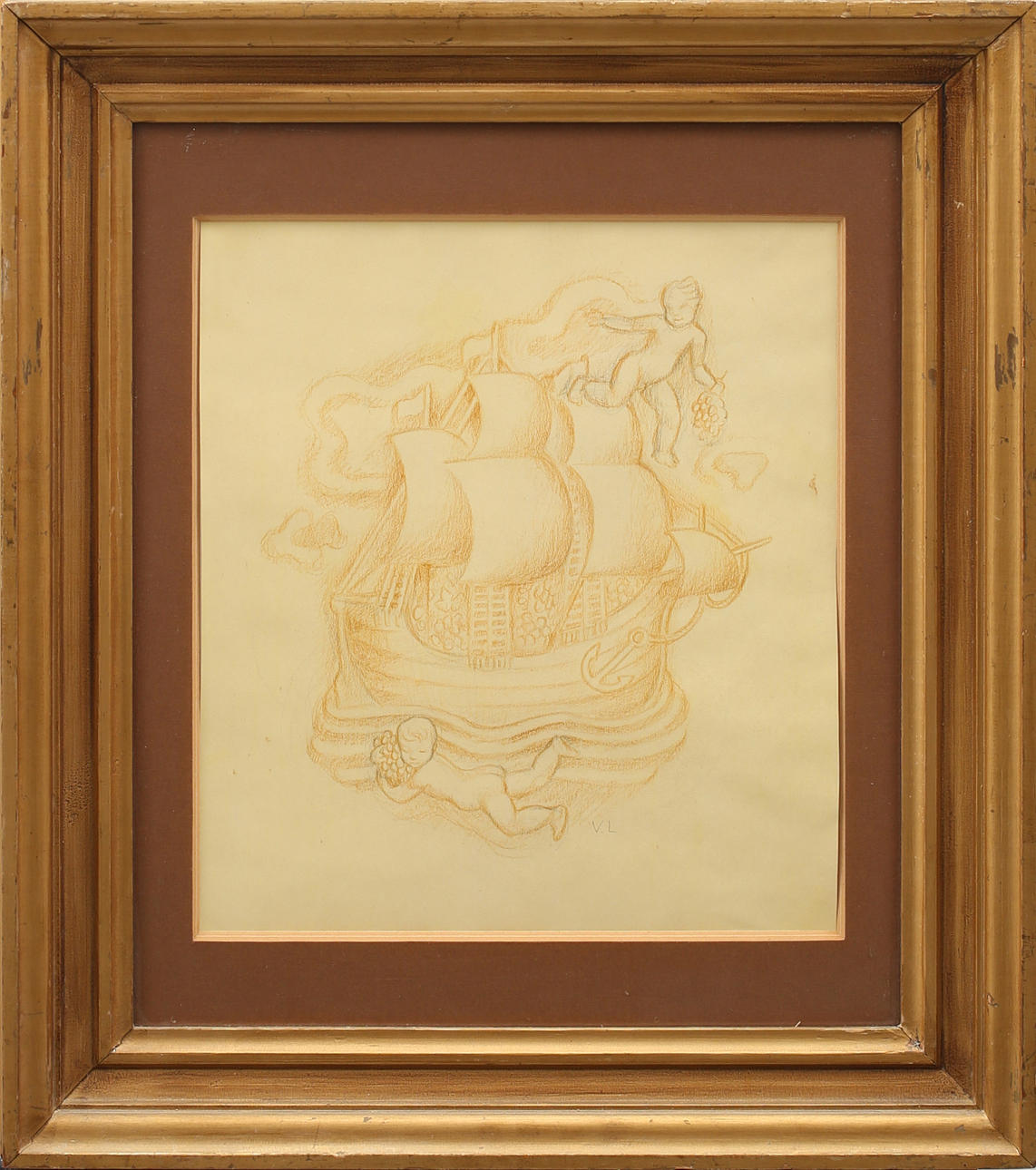 VICKE LINDSTRAND. Teckning i rödkrita, skepp med barnfigurer. Signerad V.L.