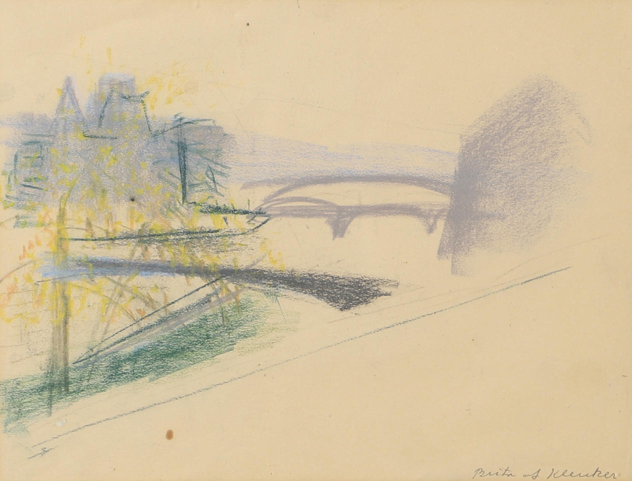 BRITA AF KLERCKER. Landscape with bridge, drawing, signed.