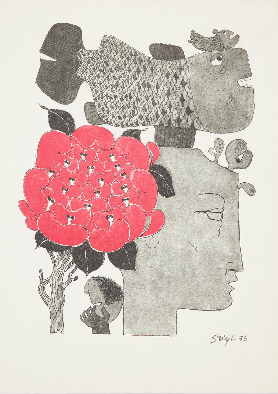 STIG LINDBERG. figure composition, lithograph in colours, signed in print and dated -76.