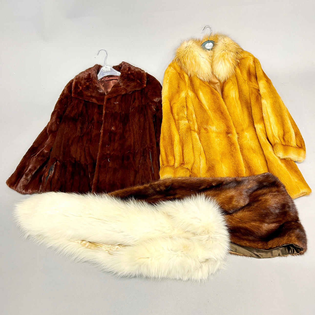 TWO VINTAGE FUR JACKETS AND TWO STOLES.