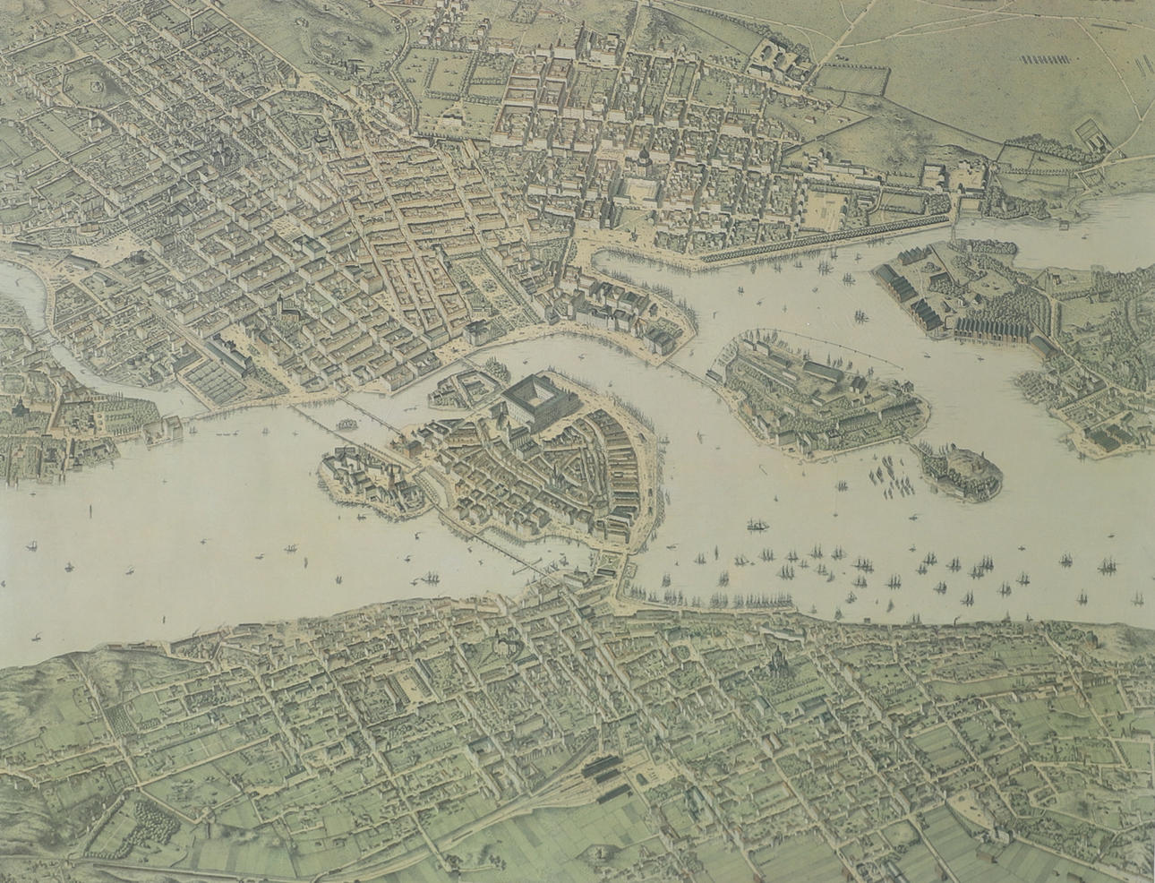 Maleri, panorama af Stockholm, indrammet tryk.