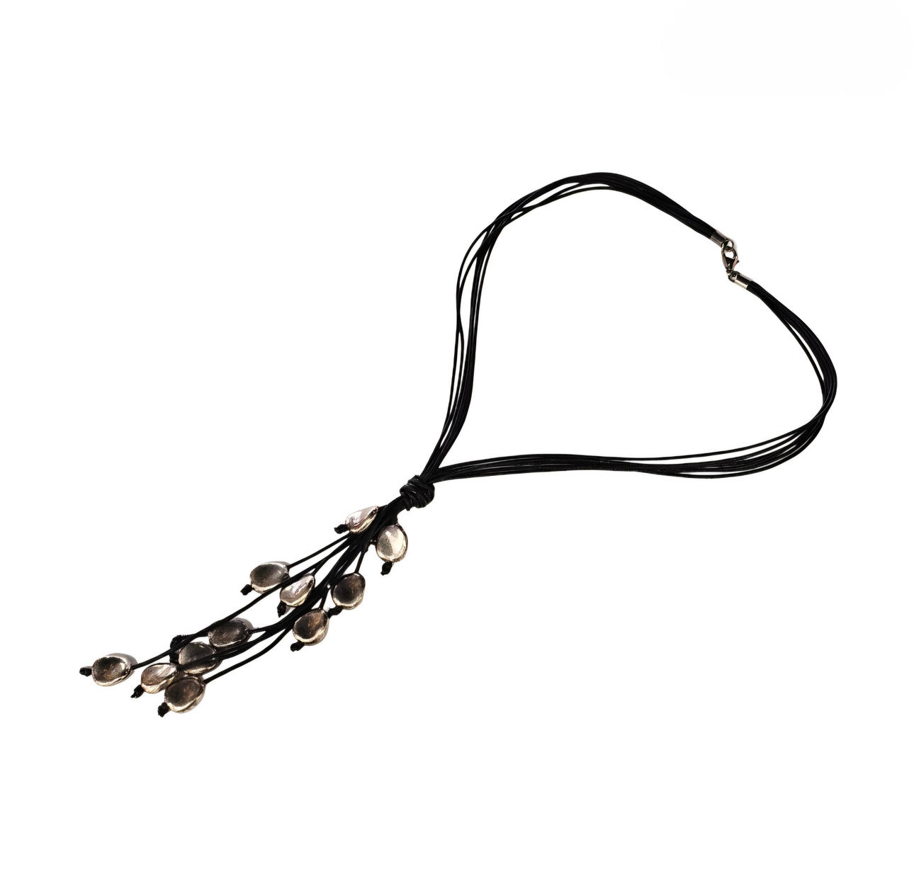 Leather necklace and silver details.