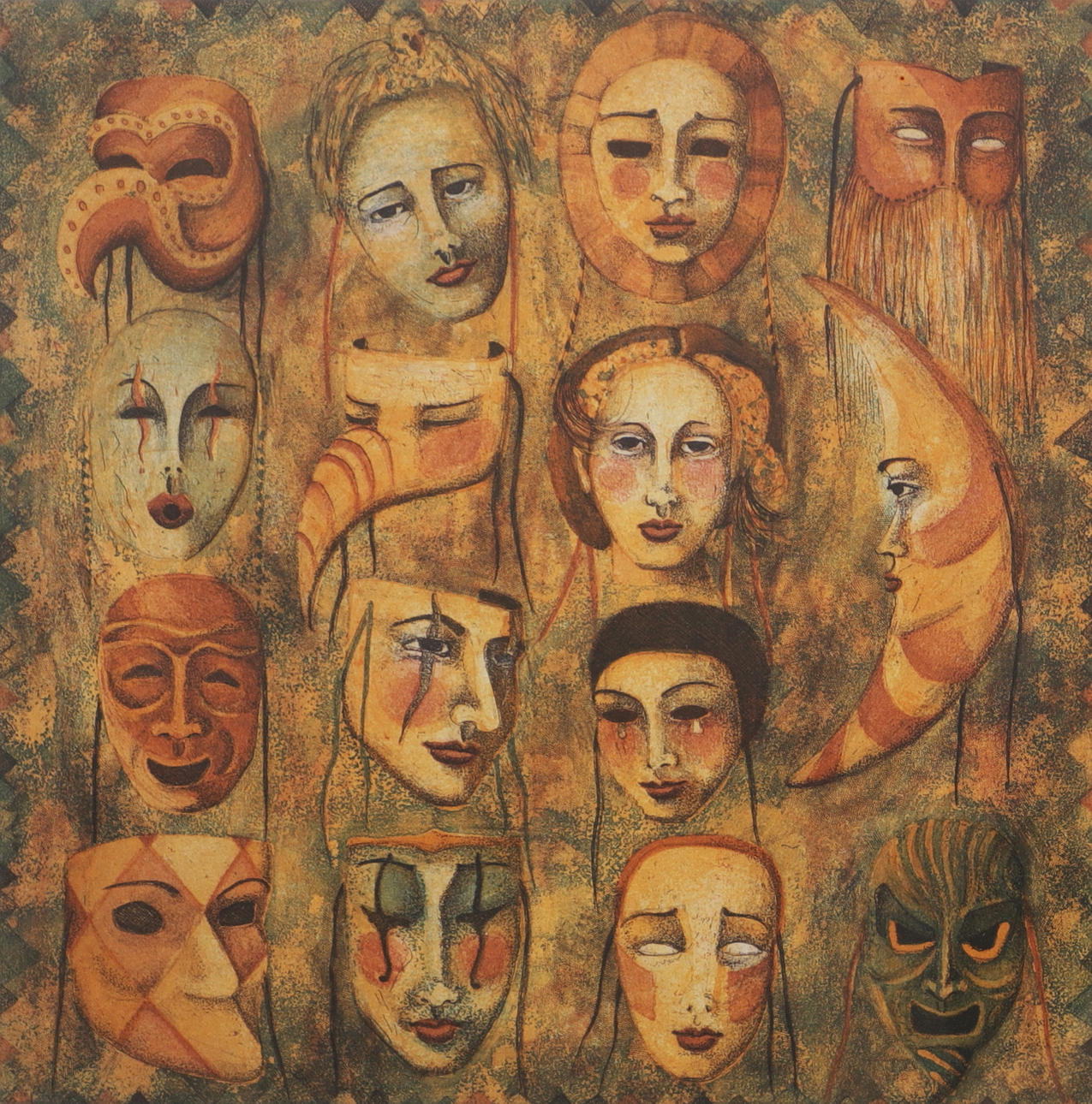 IRENE JARZ. “Masks V”, etching, signed, numbered 57/175.