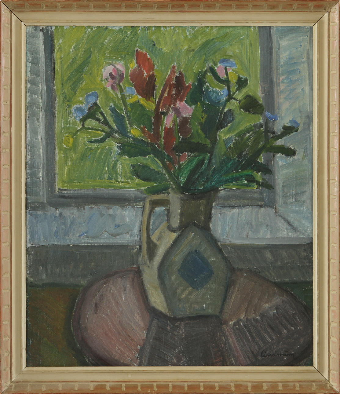KNUT LINDSTRÖM. "Blommor i fönster" olja på duk, signerad.