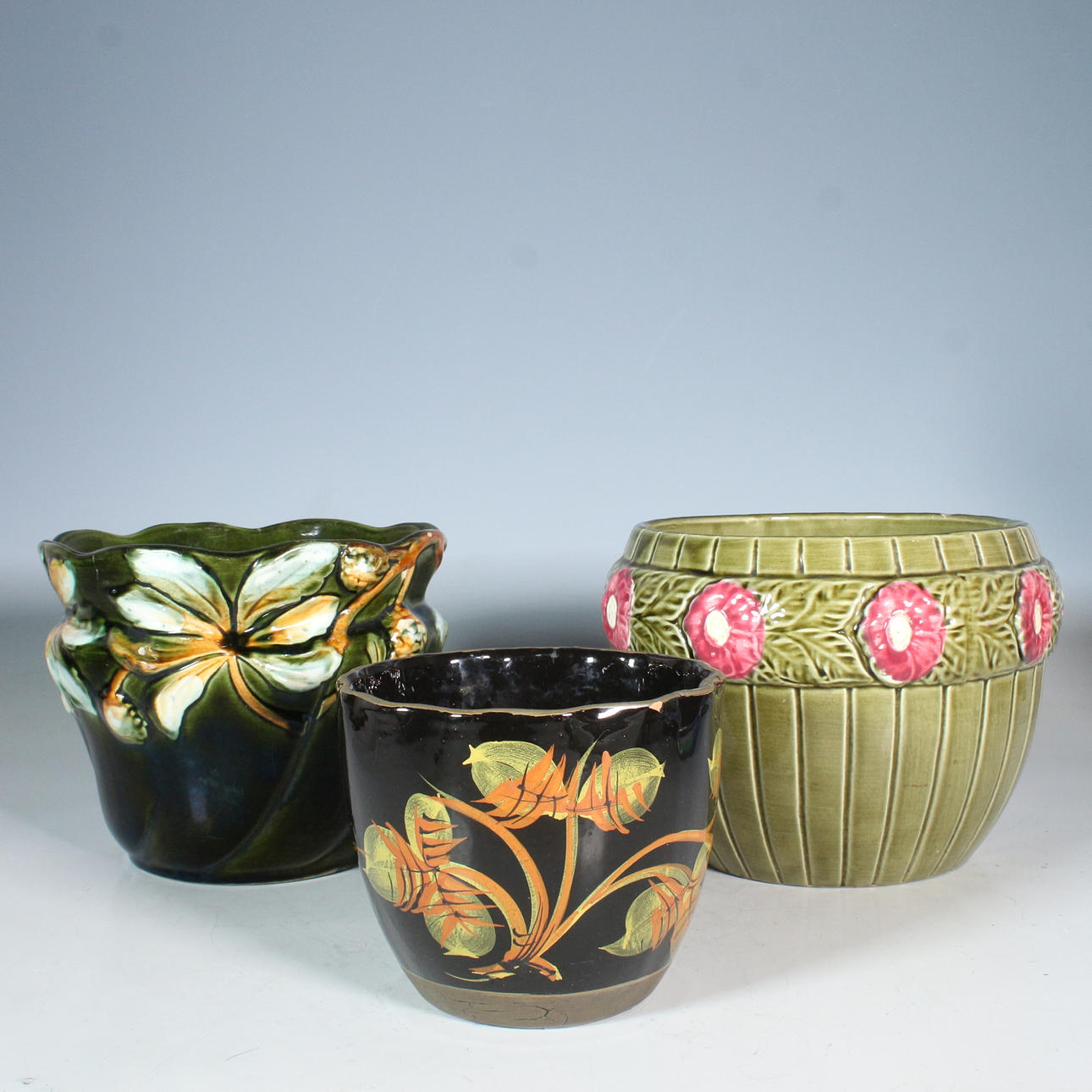3 ceramic planters, art nouveau.