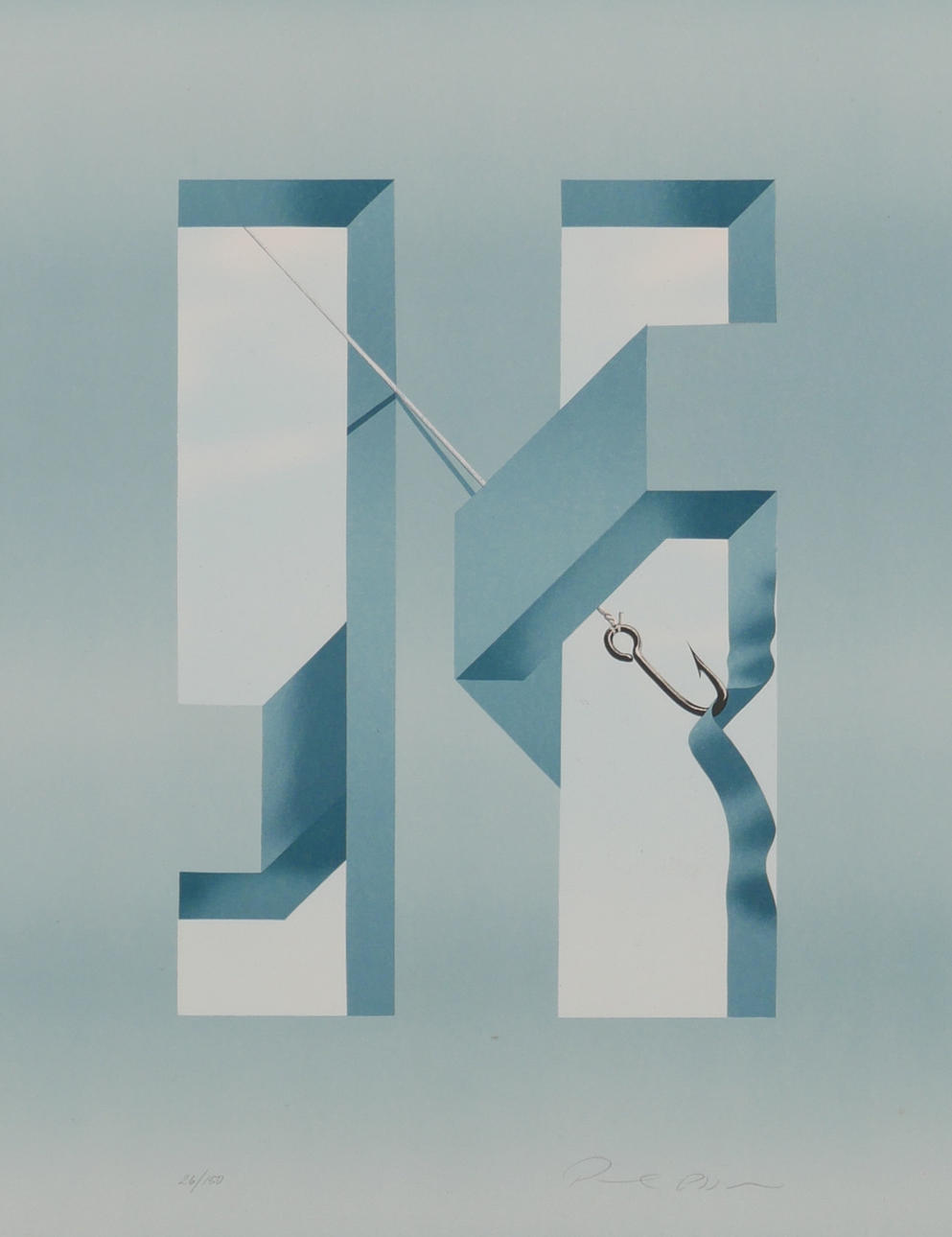 OIDENTIFIERAD KONSTNÄR. Impossible figure with fishing hook, color lithograph, signed.