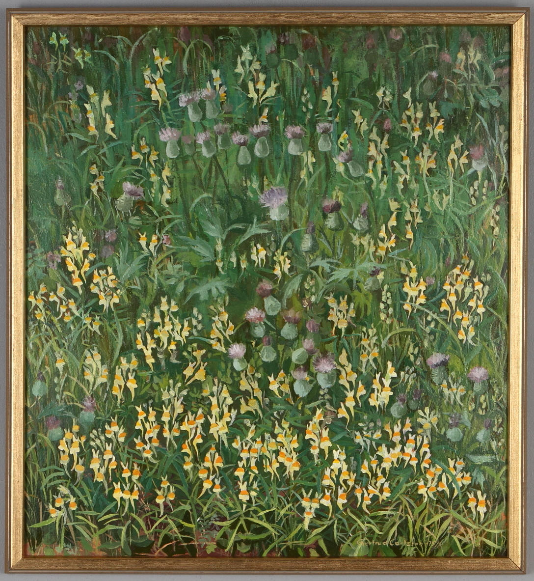 GERTRUD CARLSSON. "Gulsporre", olja på pannå, signerad samt daterad -85.