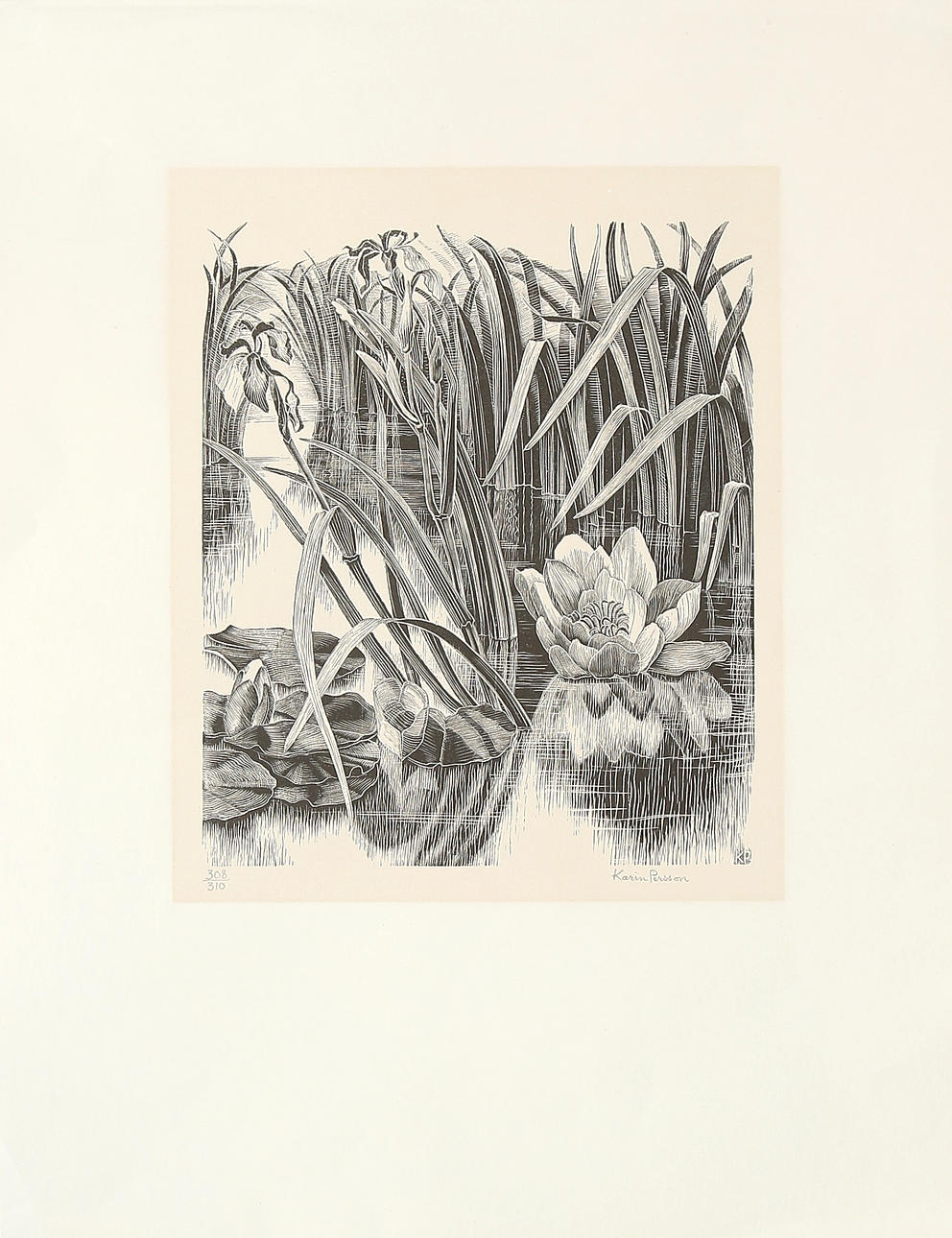 KARIN PERSSON. "Vattenspegling", träsnitt, signerad och numrerad 308/310.