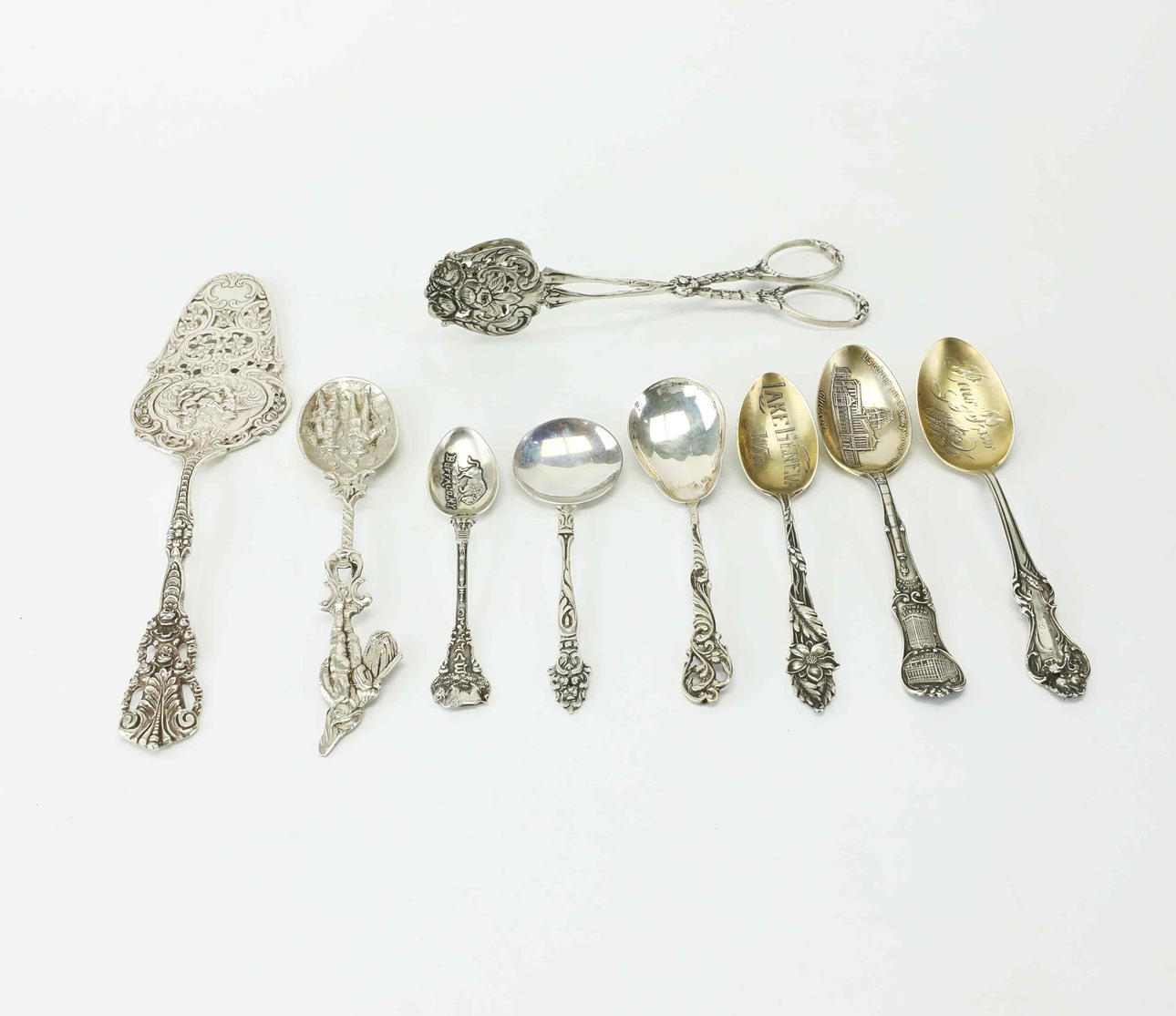 SILVER OBJECTS, spoons, cake shovel, tongs, silver, 20th century.