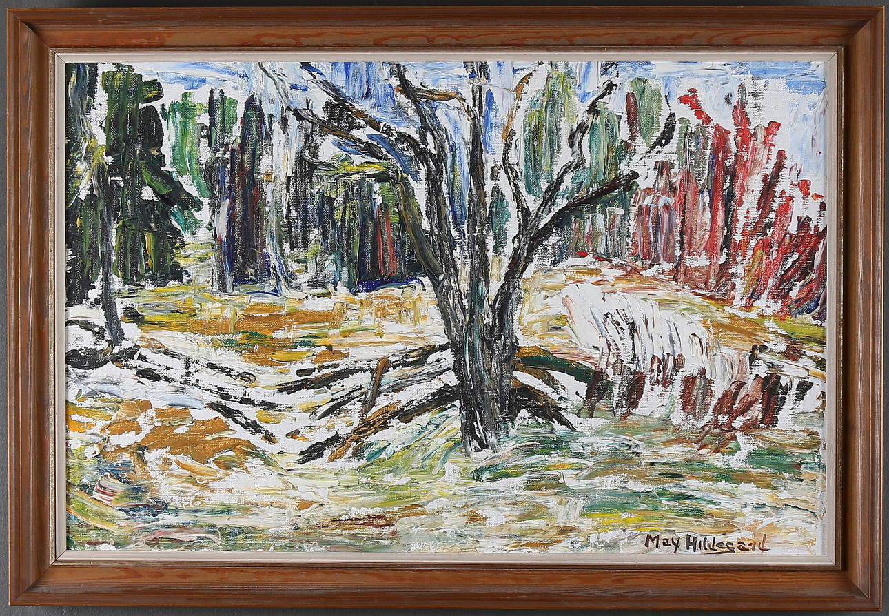 MAY HILDEGARD. "Första snön", olja på duk, signerad.