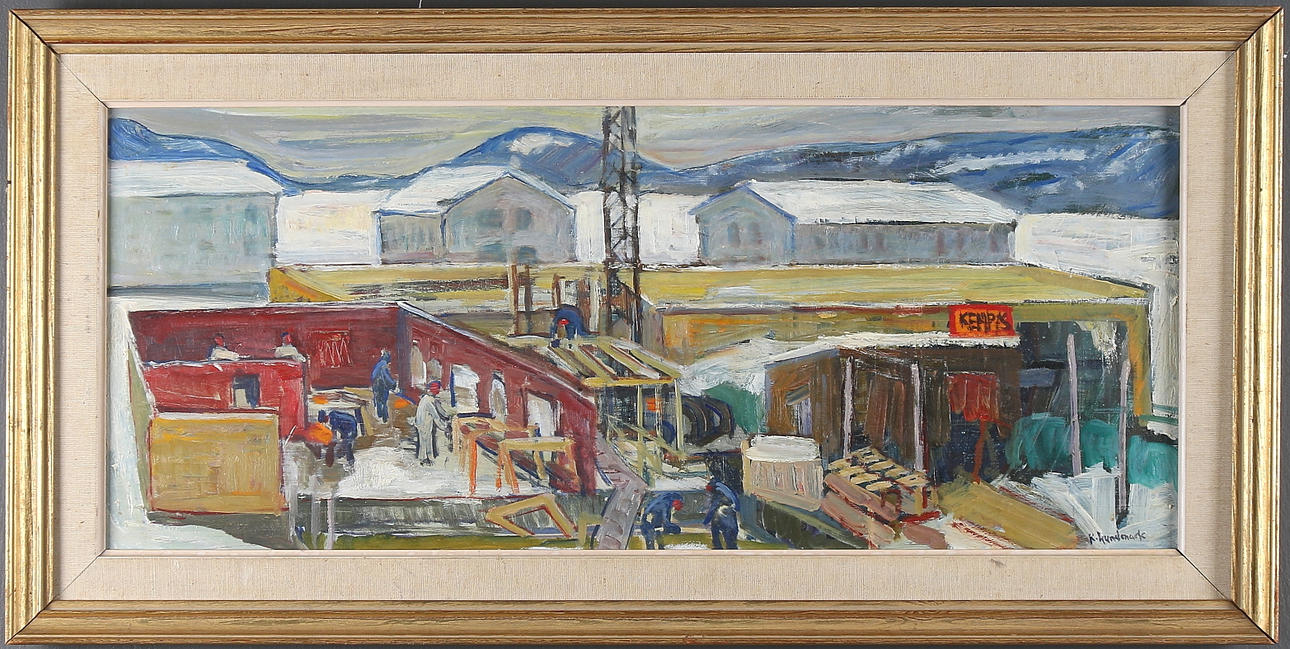 RUNE LUNDMARK. "Motiv från HSB nybygget på Bränna", olja på pannå, signerad och daterad 1958.