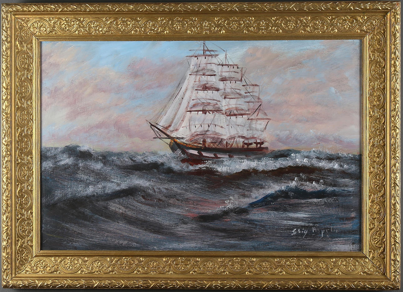 STIG ASPELIN. Segelfartyg, olja på pannå, signerad.