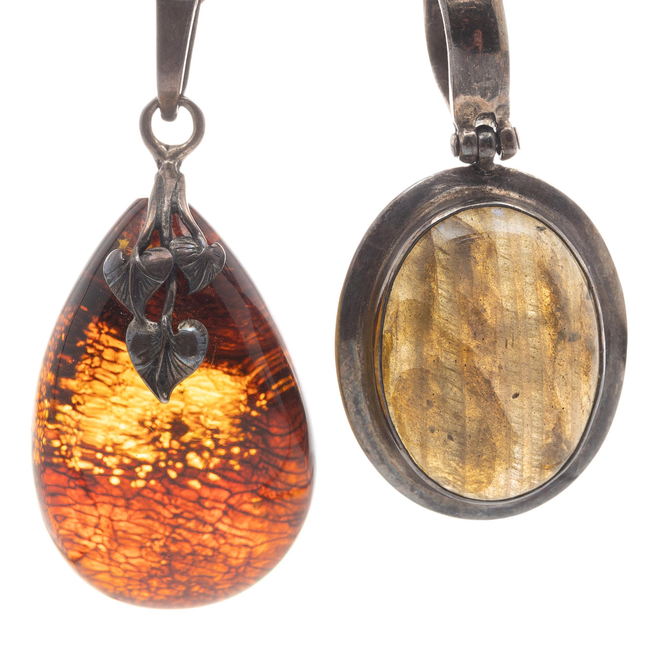 PENDANTS, 2 pcs, Silver, Amber, Labradorite.