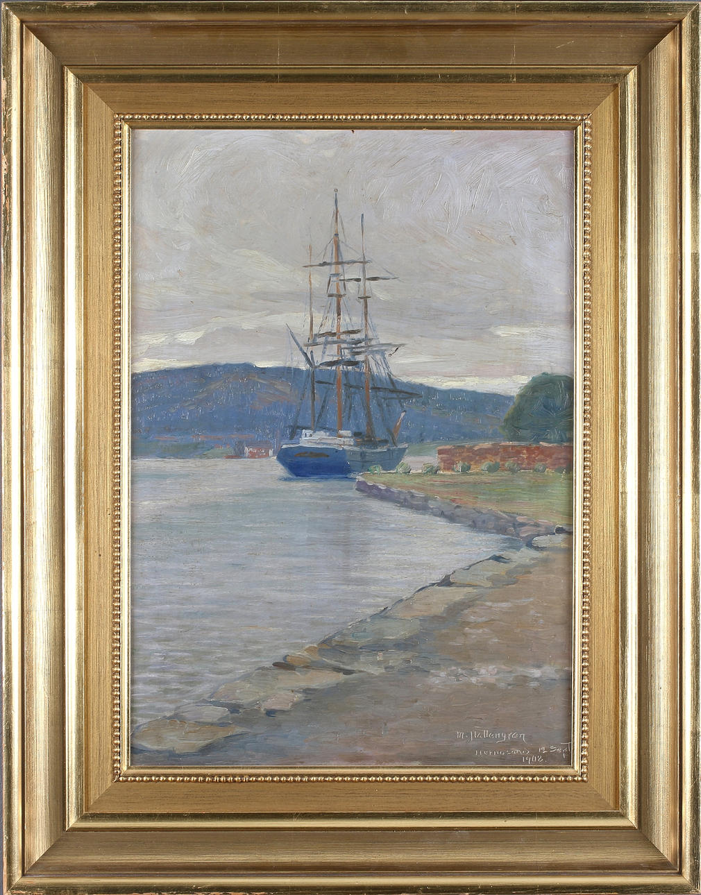 AUGUST EMANUEL (MANNE) HALLENGREN. "Fälleberget från Hospitalparken, Härnösand", olja på pannå, signerad och daterad 1902.