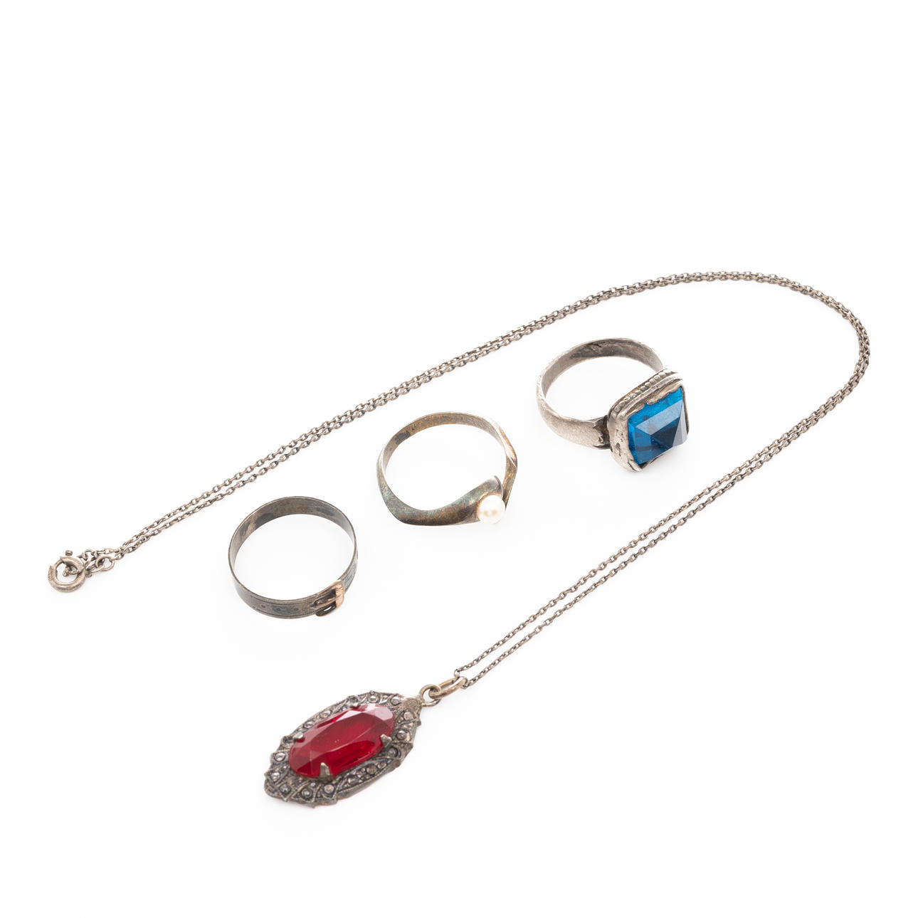 NECKLACE & RINGS, 4 pcs, silver.