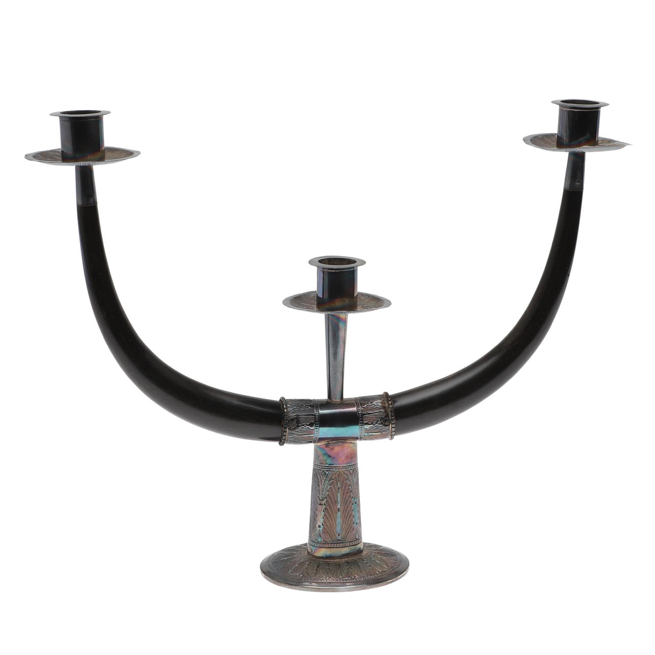 A SILVER MOUNTED THREE BRANCH CANDELABRA.