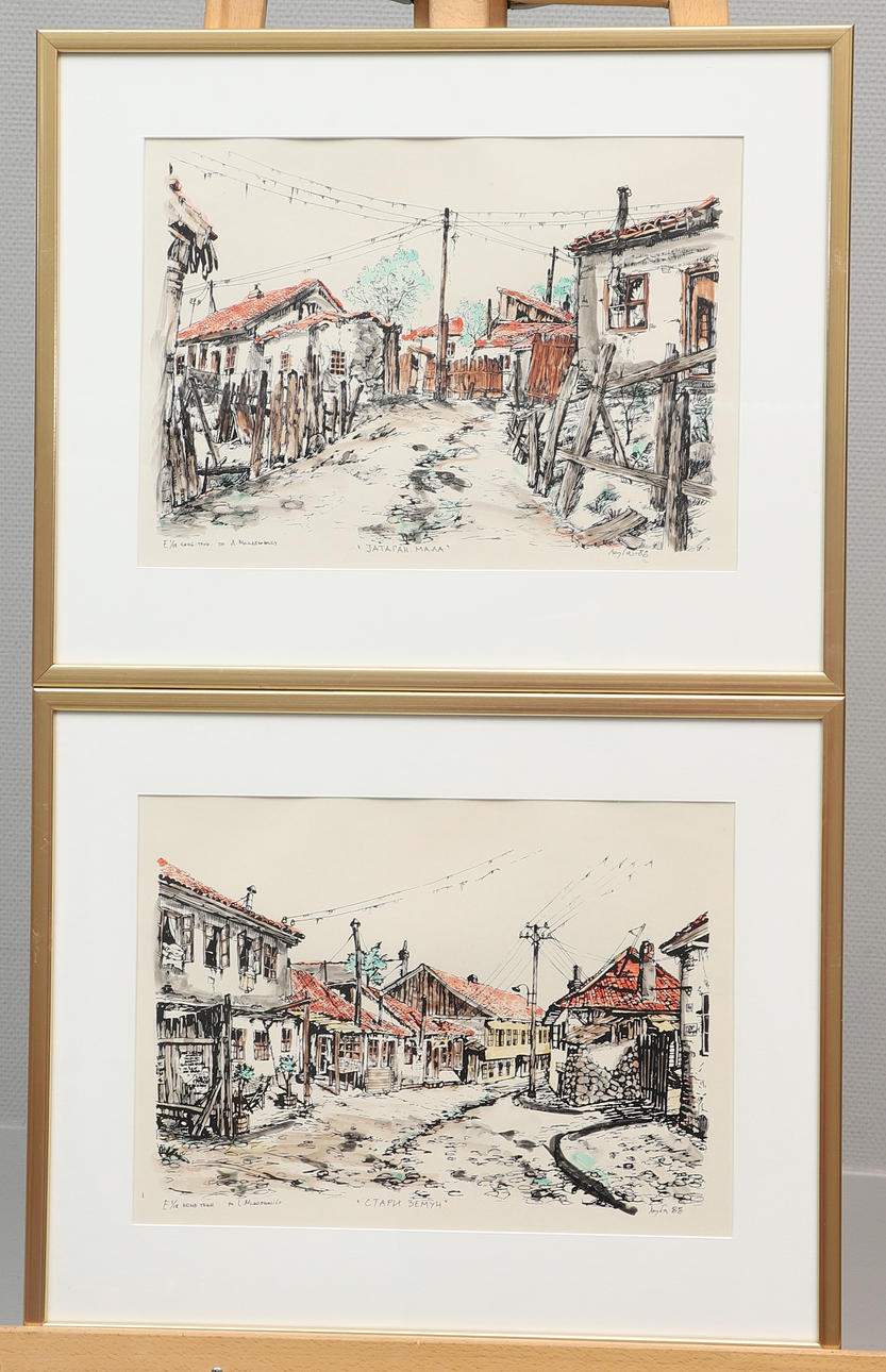 OIDENTIFIERAD KONSTNÄR. Two lithographs, drawn by Luka Mladenović, signed, numbered E 1/18.