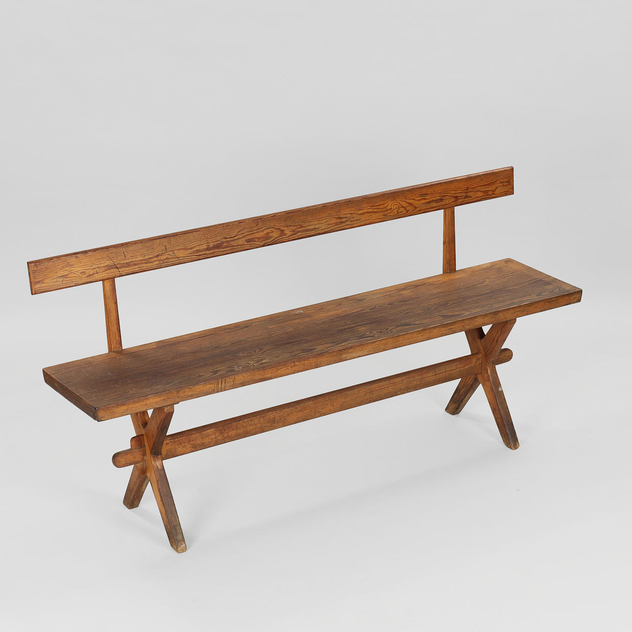 Patinated pine bench with cross frame, first half of the 20th century ...
