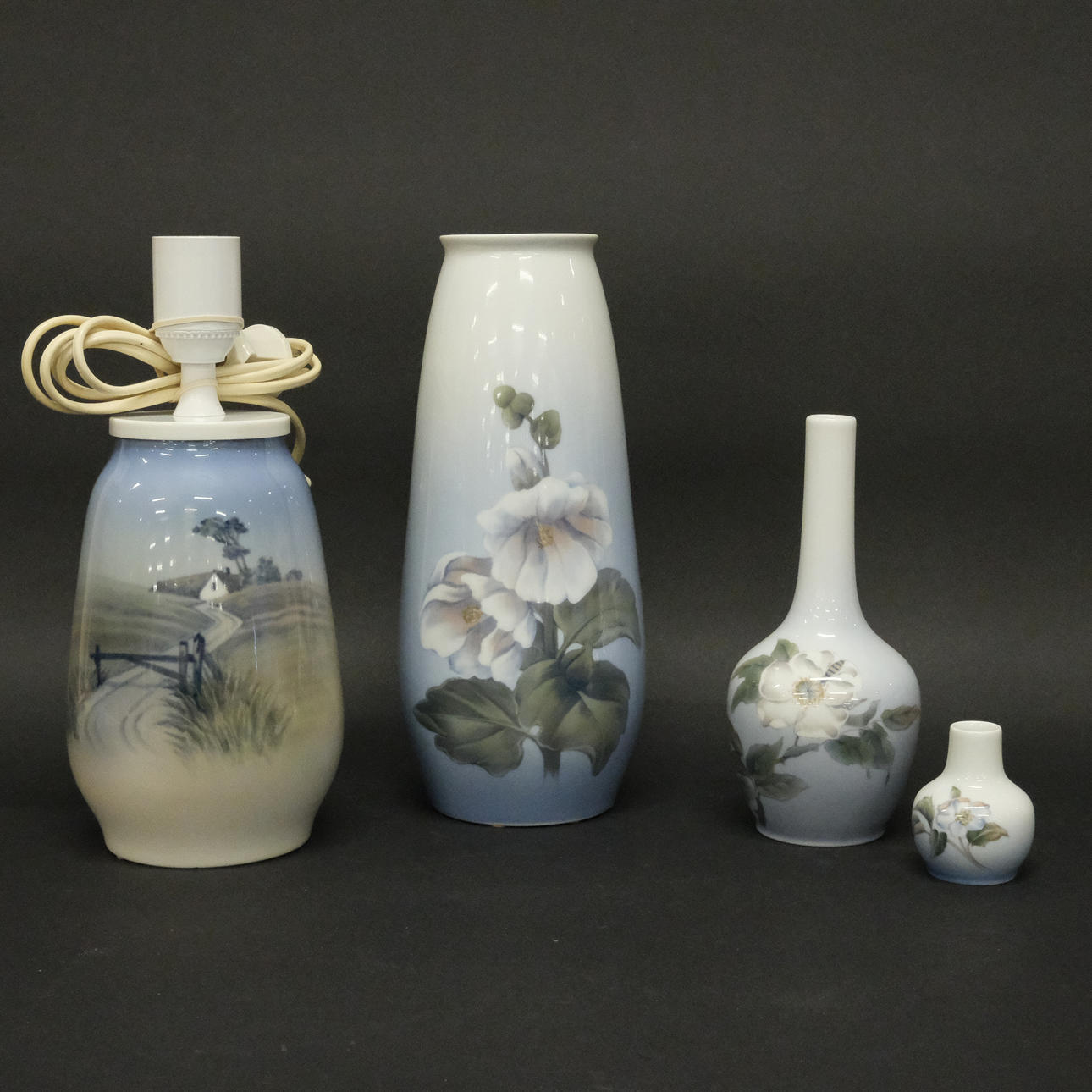 THREE VASES AND TABLE LAMP, ROYAL COPENHAGEN.