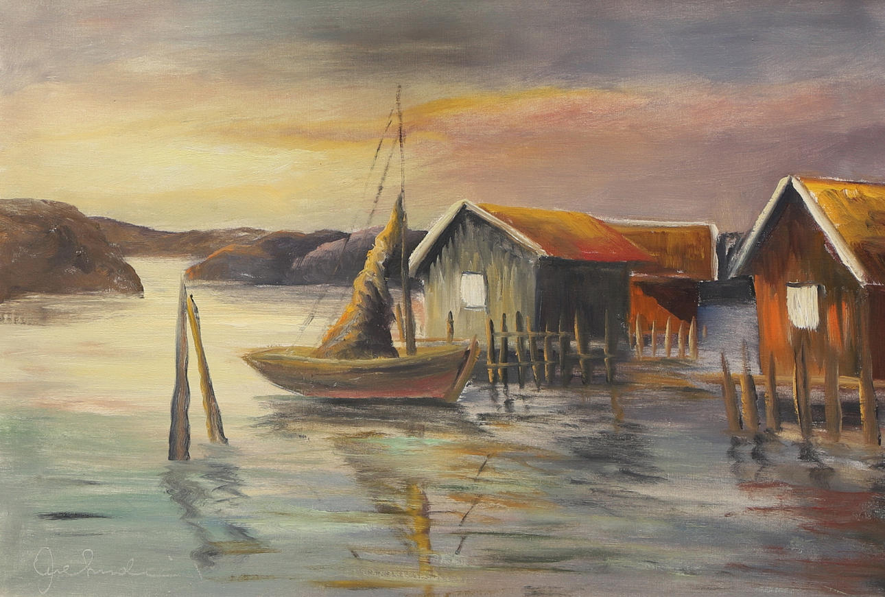 OIDENTIFIERAD KONSTNÄR. oil on canvas, harbour scene, signed.