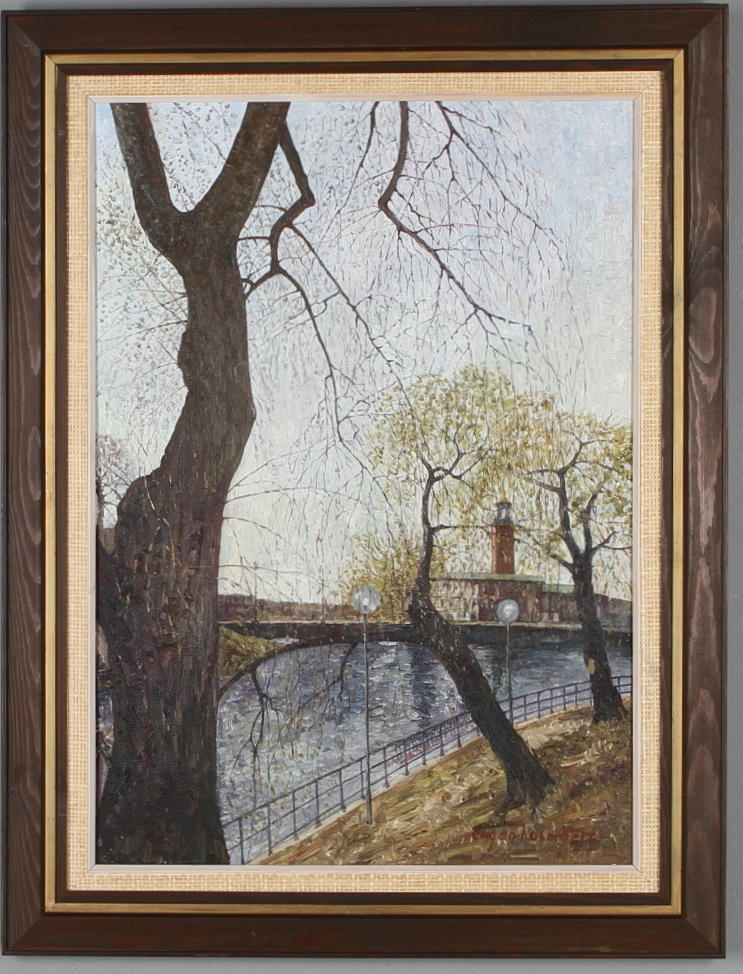 EUGEN HOLMBERG. Stadshuset från Riksbron, olja på duk, signerad.