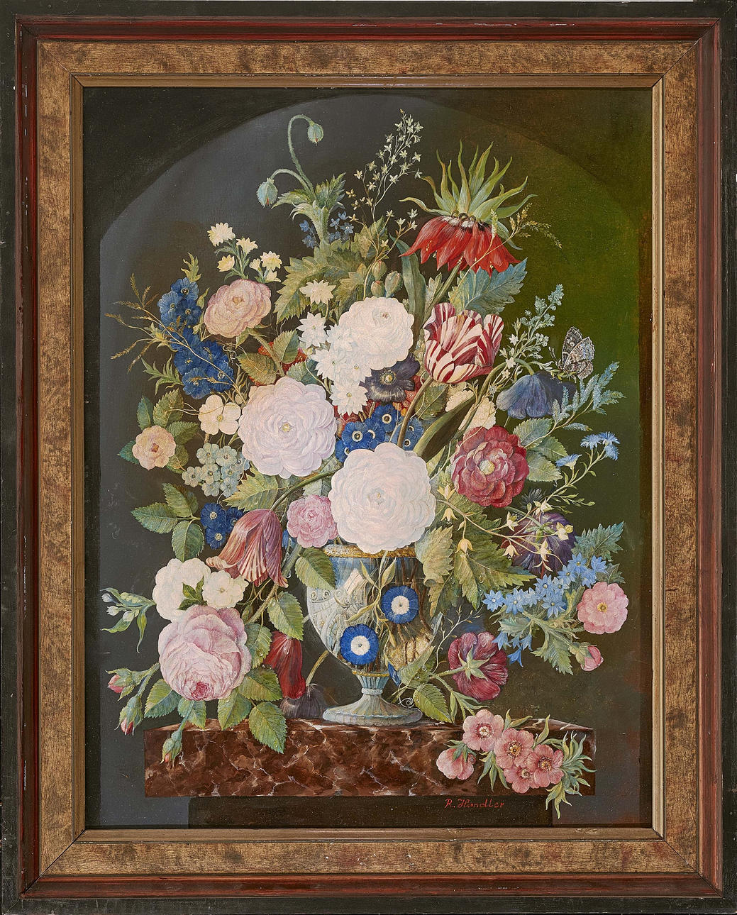 RICHARD HANDLER. olja på trä, stilleben av blommor.