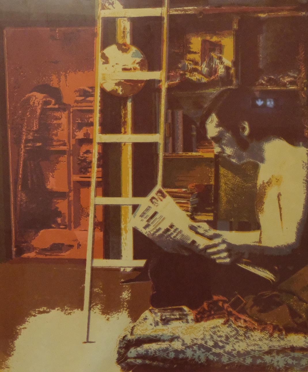 OLA BILLGREN. MAN WITH NEWSPAPER, LITHOGRAPH.