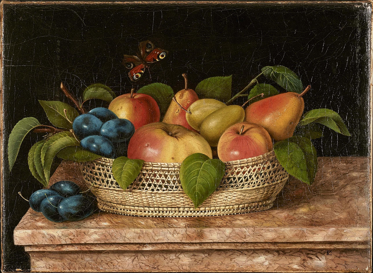 UNBEKANNTER KÜNSTLER. Olja på duk, 2. tredje 1800-talet, stilleben med fruktkorg och påfågelöga.