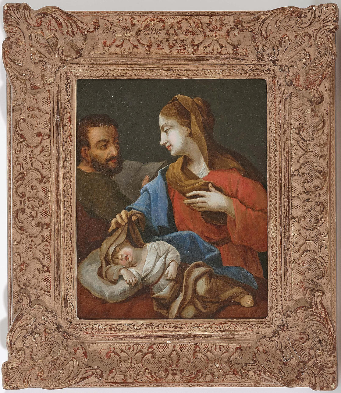 UNBEKANNTER KÜNSTLER. Heliga Familjen, 1700-tal, olja på plåtplåt.