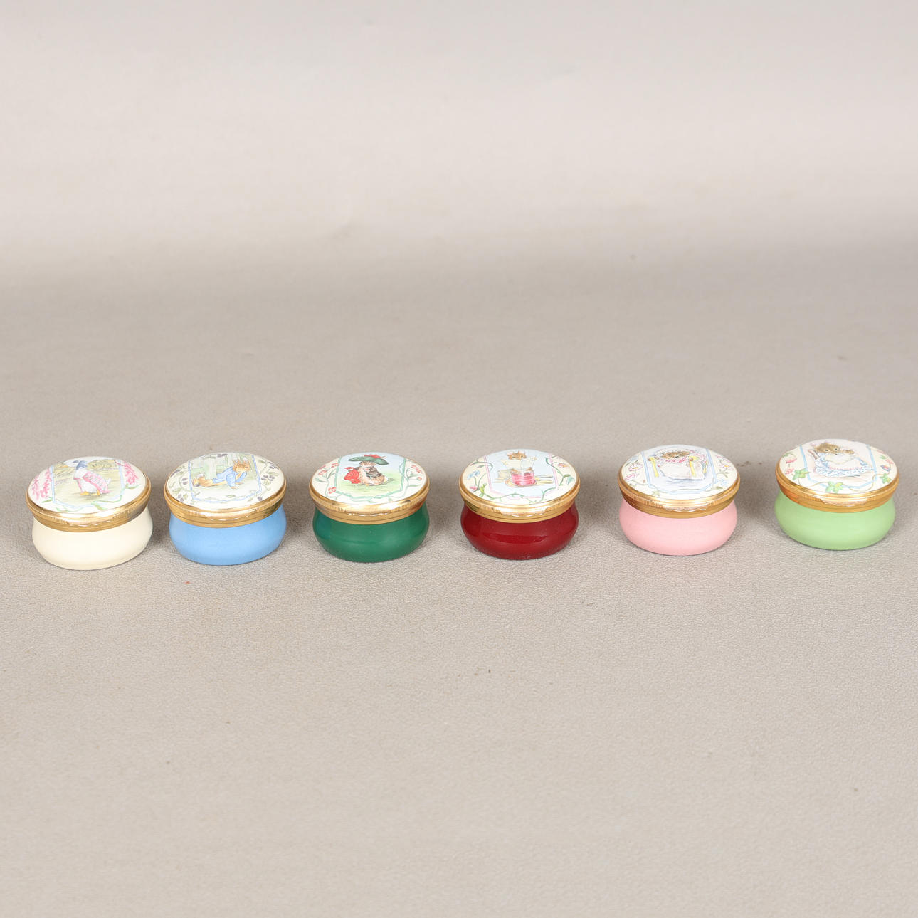SIX CRUMMLES, BEATRIX POTTER ENAMEL BOXES EXCLUSIVELY COMMISSIONED FOR ROYAL DOULTON (6).