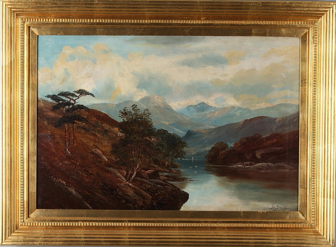 OIDENTIFIERAD KONSTNÄR. Insjölandskap, olja på duk, signerad H Smith, 1800-tal.