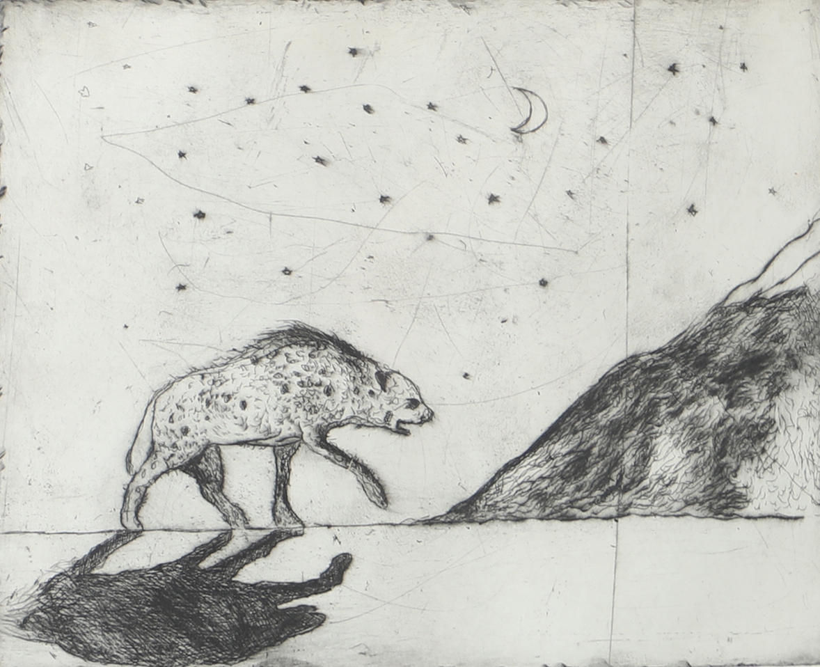 OIDENTIFIERAD KONSTNÄR. Hyena in landscape, etching, indistinctly signed.