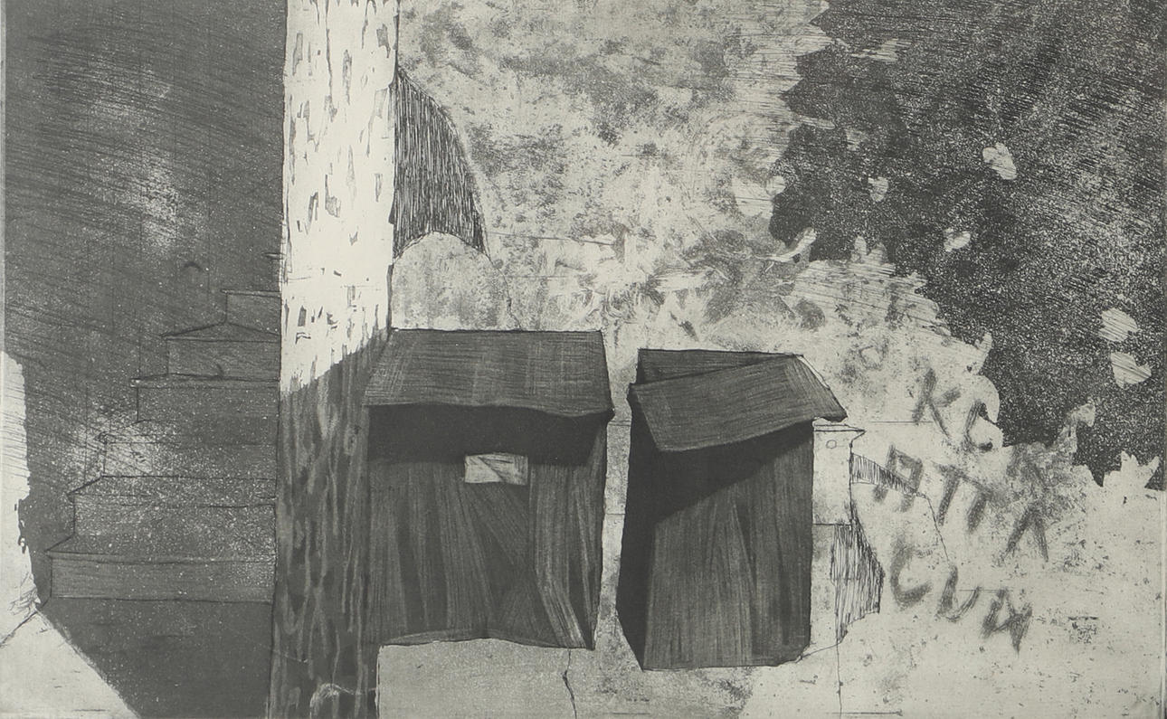 JAN FORSBERG. Mailboxes, etching, signed 1963.