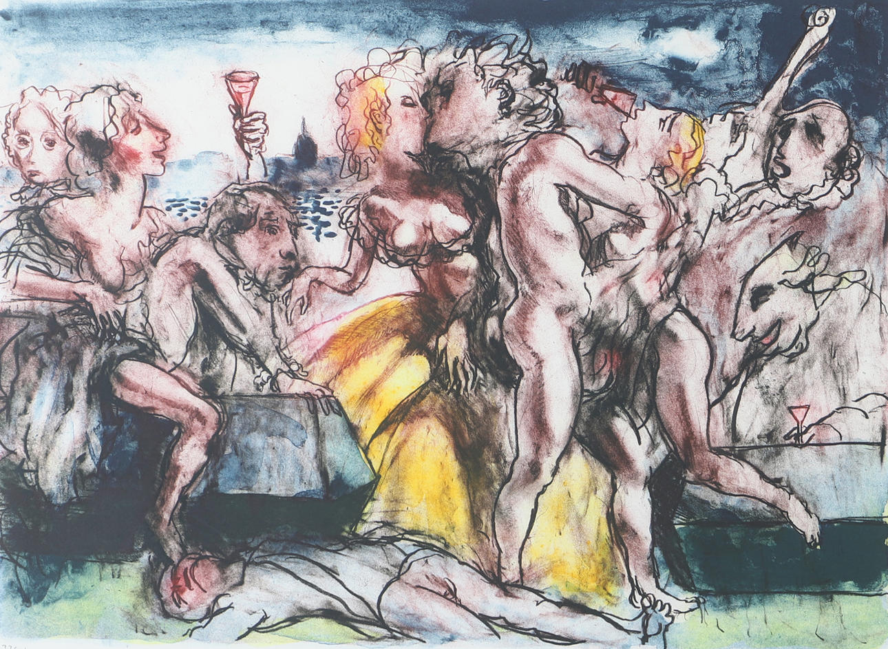 PETER DAHL. Fredman's entourage, lithograph in colours, signed.