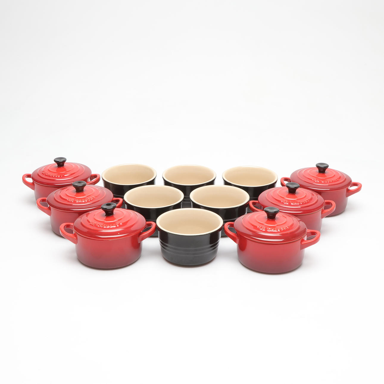 LE CREUSET. mini pots and pans, 6+6.