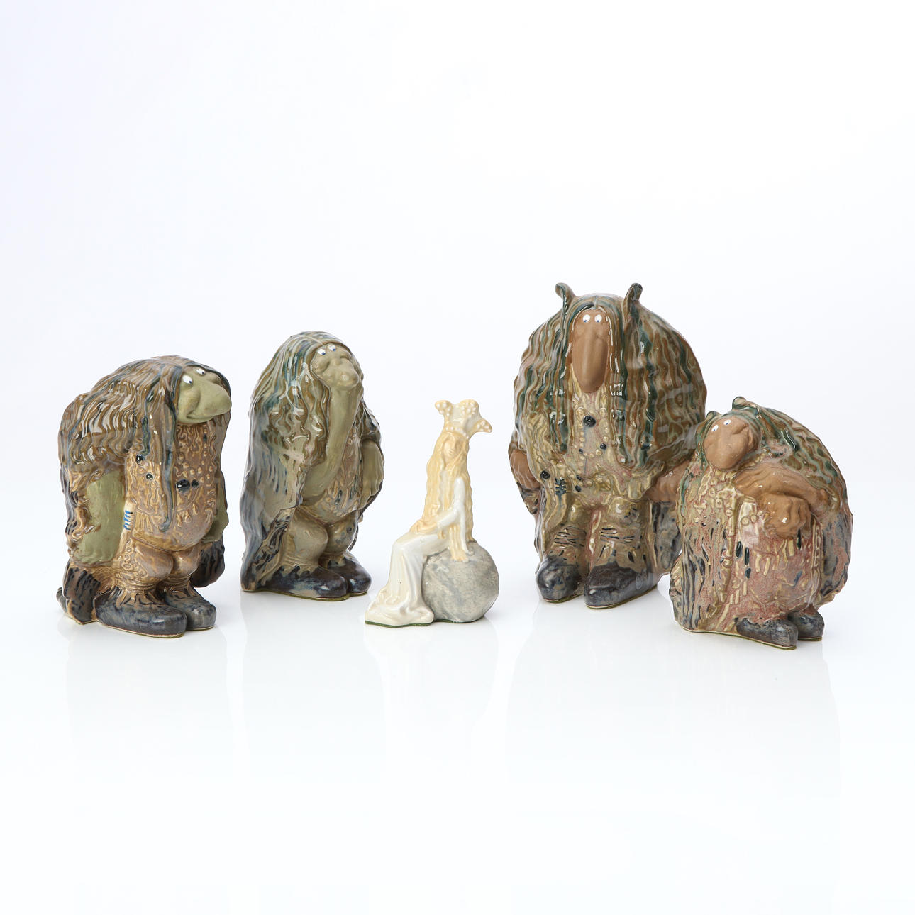 PINK HEATHER, FIGURINES, FIVE PCS. Glazed ceramics. After John Bauer.