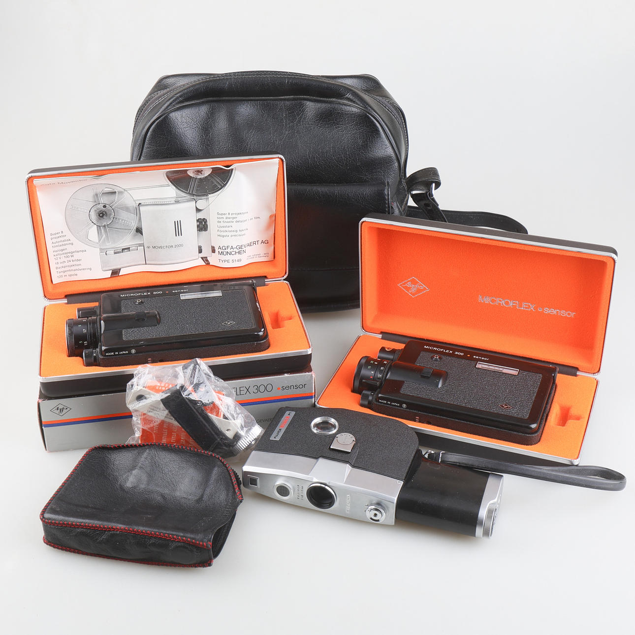 3 film cameras, Agfa microflex 300 sensor, 1970s/80s, and Fujia