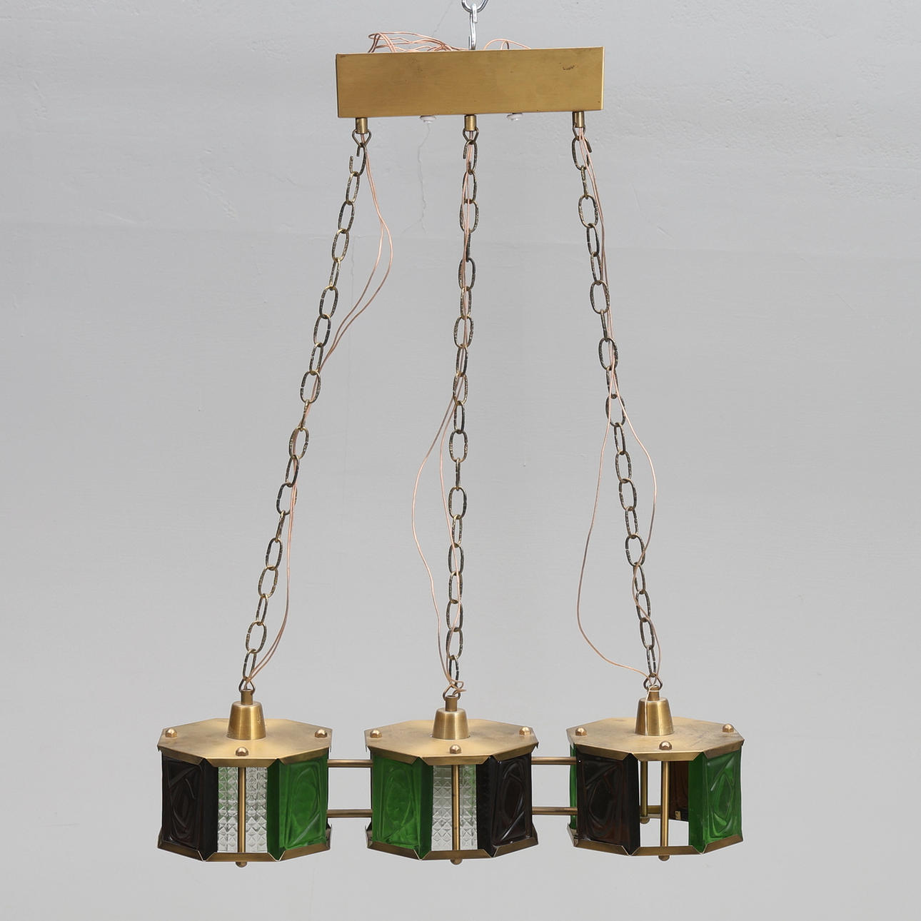 CEILING LAMP. Brass frame and coloured glass, 8-sided.