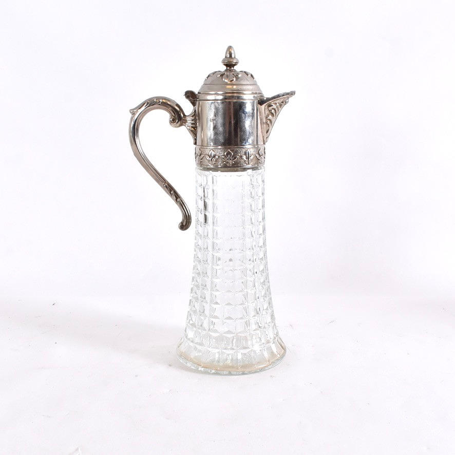 WINE JUG, glass with new silver mounting.