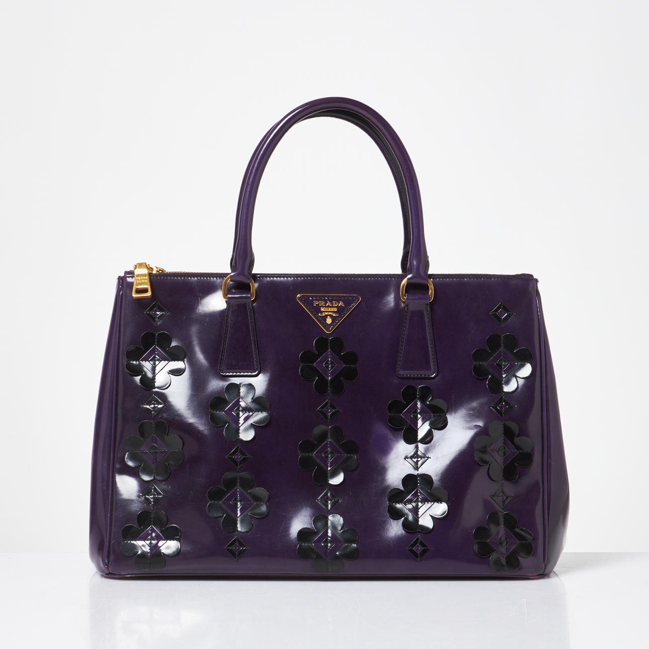 PRADA. Bag, Double Zip Medium Flower Violet, lacquered leather
