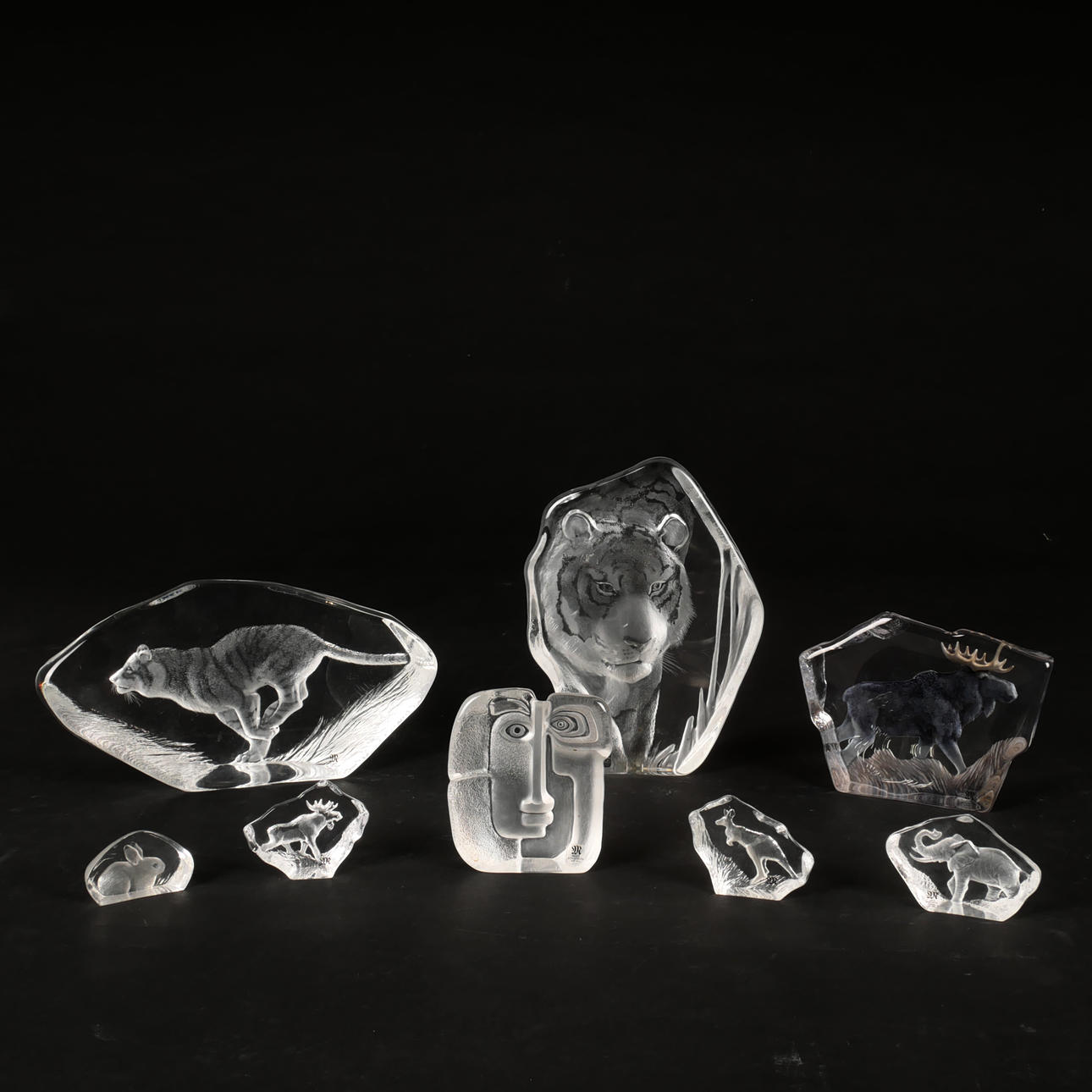 MATS JONASSON. Glass blocks, 8 pcs, Painted lock, signed.