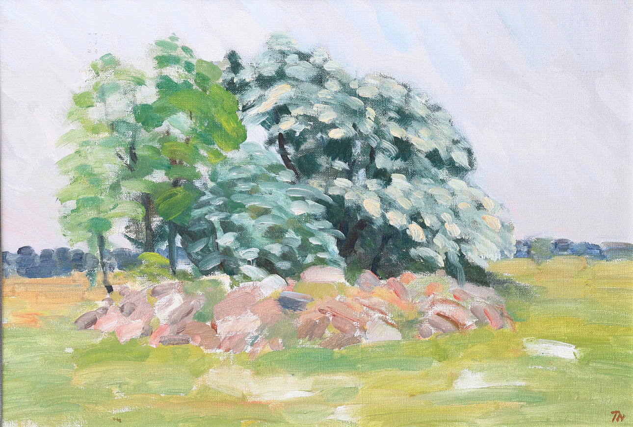 TAKE E NILSSON. Oil on panel, “Flowering trees”, Öland, signed, dated -83.